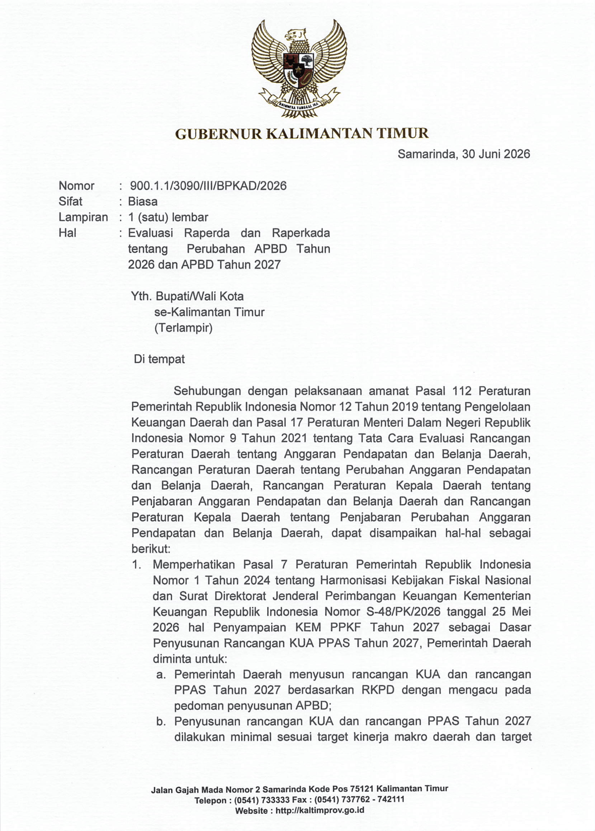 Surat Evaluasi  P-APBD 2026 dan APBD 2027 ke Kabupaten/Kota